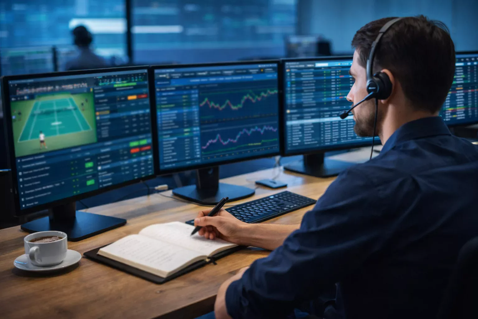Trader deportivo monitoreando m&uacute;ltiples pantallas con datos de tenis