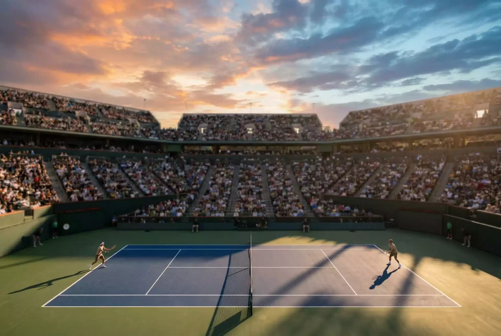Estadio de tenis lleno de público durante un torneo Masters 1000 al atardecer