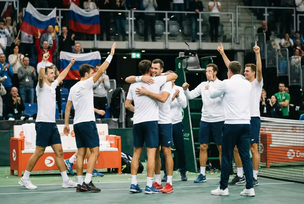 Equipo de tenis celebrando una victoria en la Copa Davis con banderas de su país