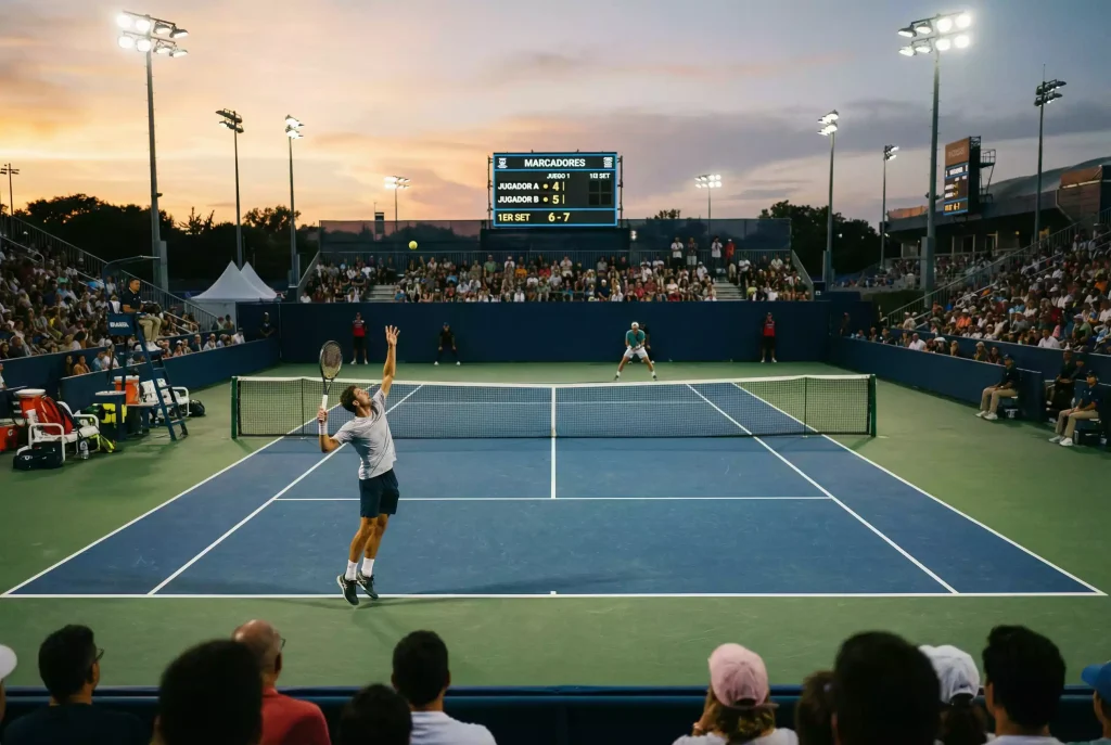 Partido de tenis en directo visto desde la grada con el marcador electrónico iluminado