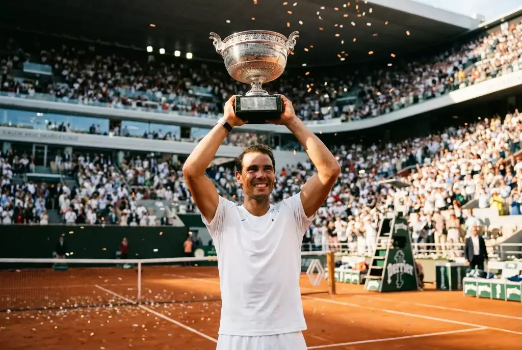 Tenista levantando un trofeo de Grand Slam ante el público del estadio