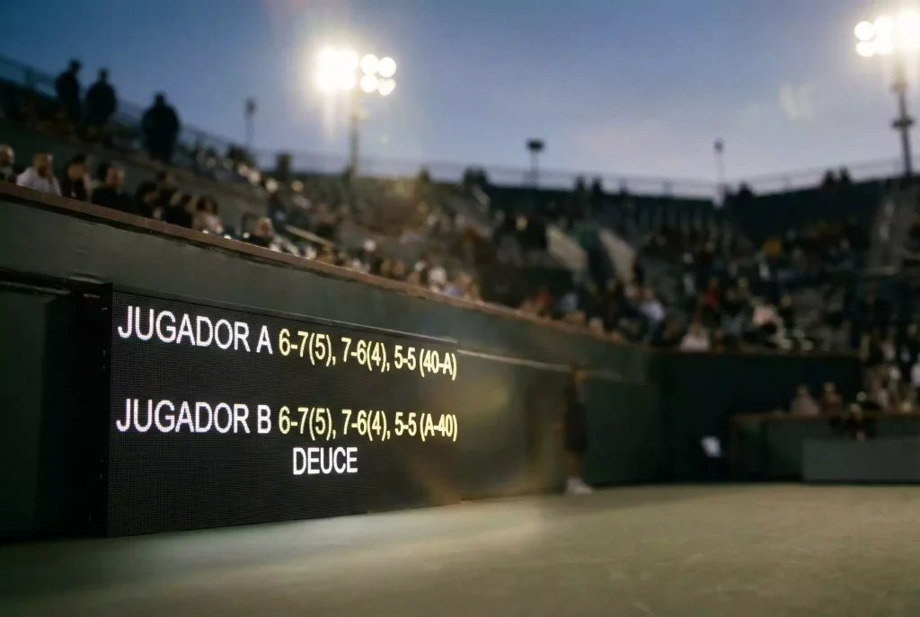 Marcador de un partido de tenis mostrando un resultado ajustado entre dos jugadores
