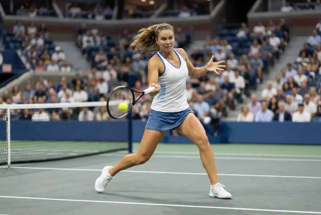 Tenista profesional femenina ejecutando un golpe de derecha en una pista de tenis dura