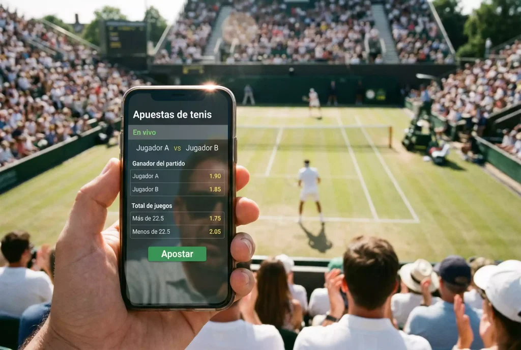 Persona usando una app de apuestas de tenis en su smartphone mientras ve un partido