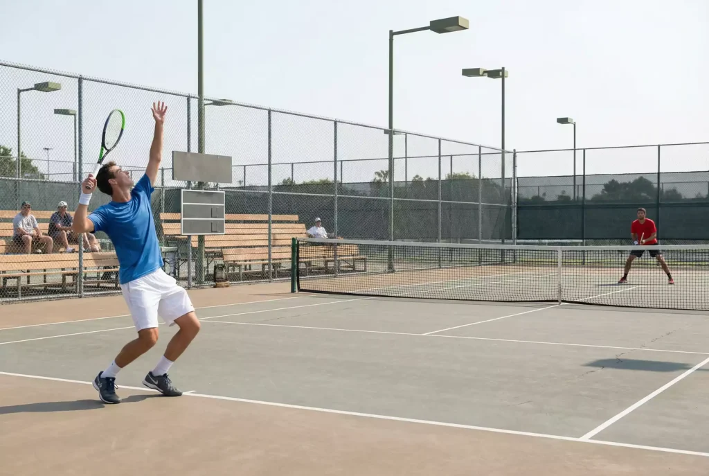 Pequeño estadio de tenis Challenger con gradas modestas y pocos espectadores