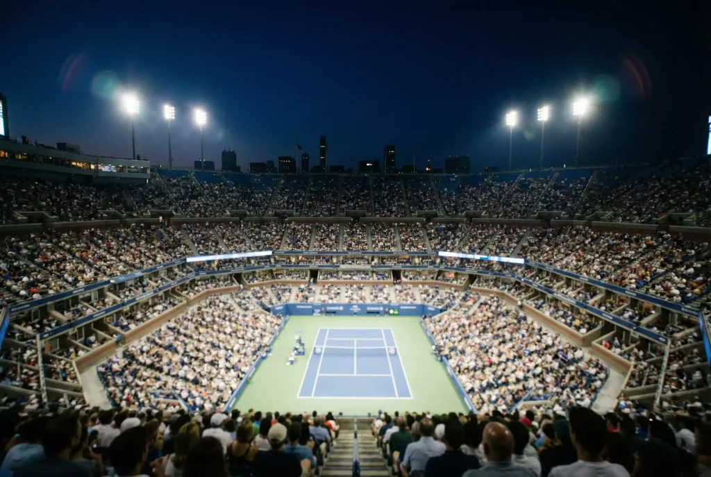 Vista nocturna del estadio Arthur Ashe iluminado durante un partido del US Open