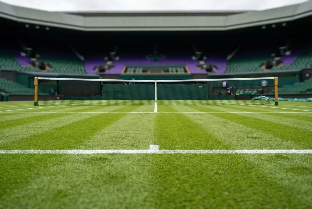 Pista central de Wimbledon con la hierba verde perfectamente cortada y las líneas blancas