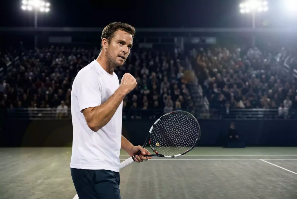 Tenista celebrando con el puño tras conseguir un break de servicio en la pista