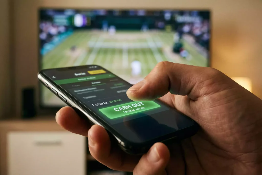 Mano de un apostador sobre el botón de un smartphone decidiendo en un momento tenso