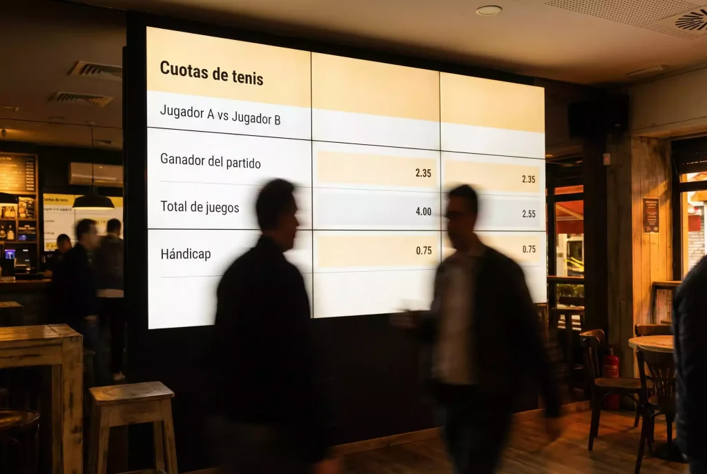 Panel de cuotas de un partido de tenis en una pantalla de la casa de apuestas