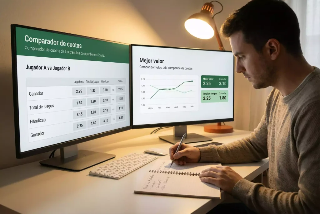 Persona comparando cuotas de tenis en dos pantallas de ordenador simultáneamente