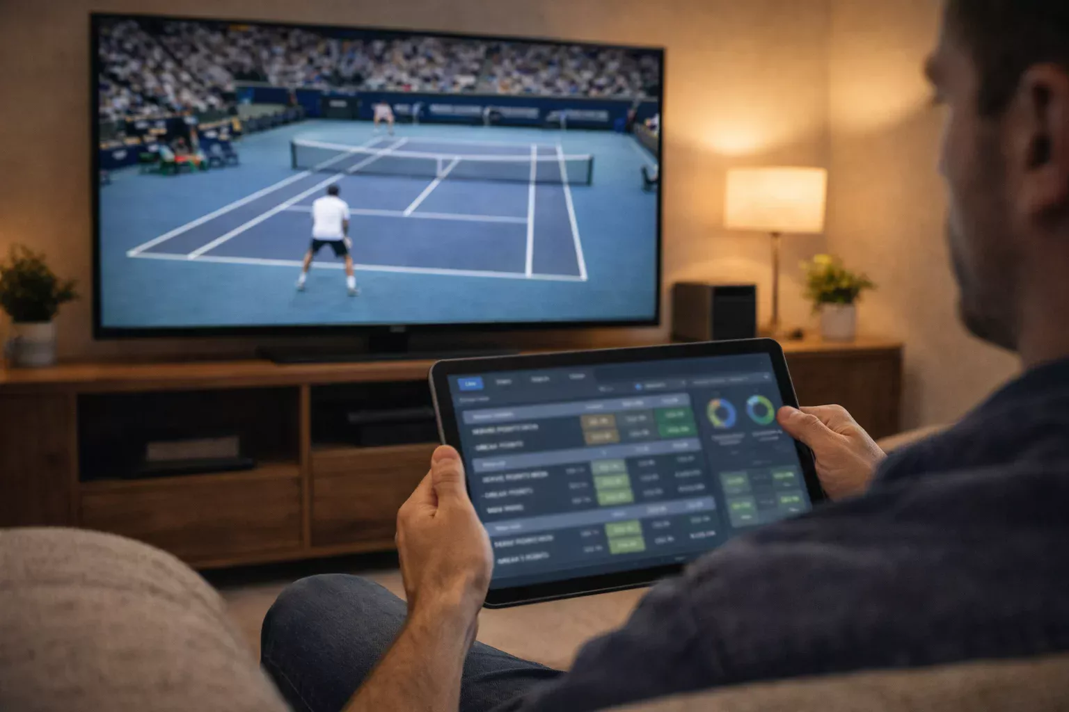 Persona analizando estadísticas de tenis en una tablet mientras ve un partido