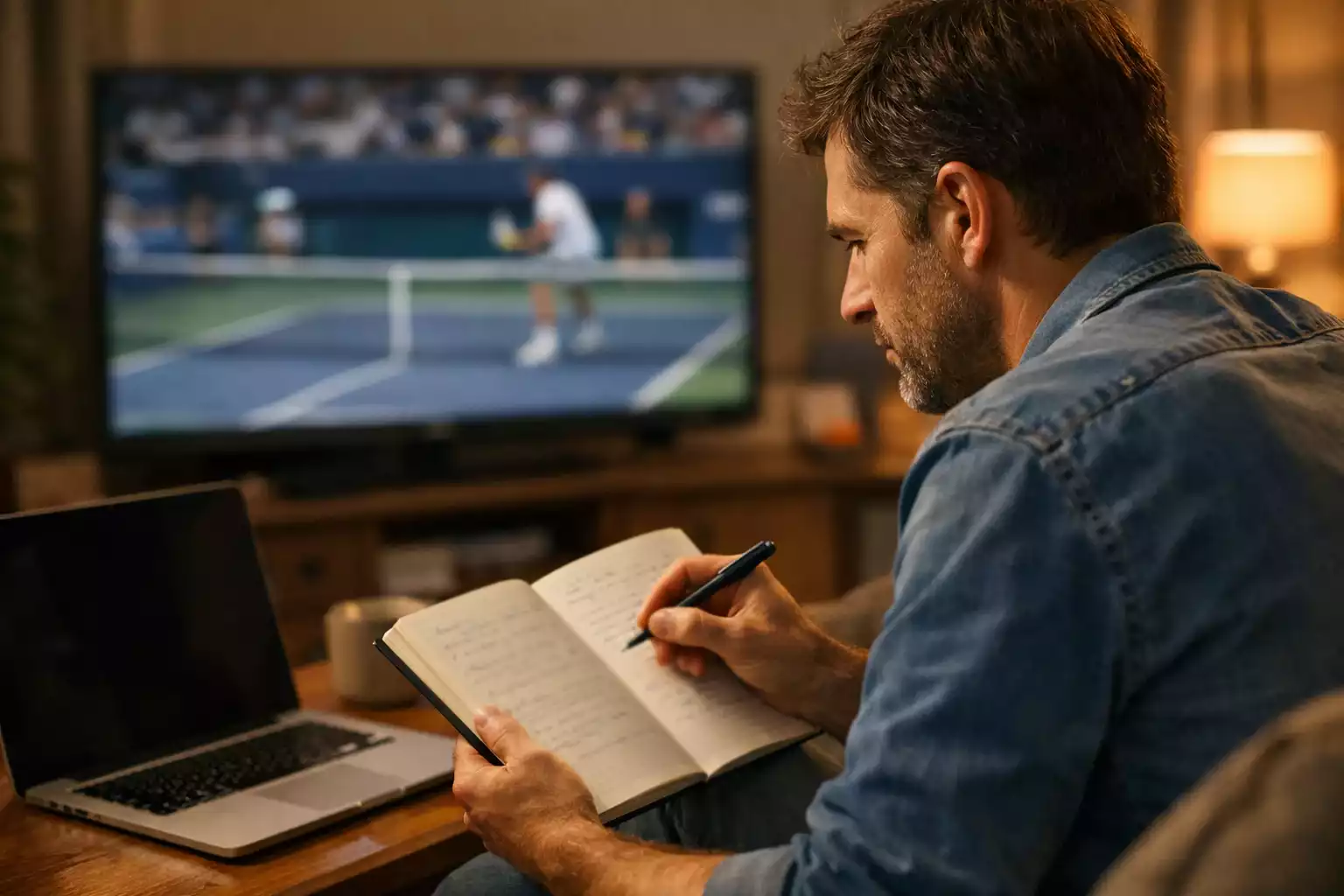 Apostador reflexivo tomando notas mientras ve un partido de tenis