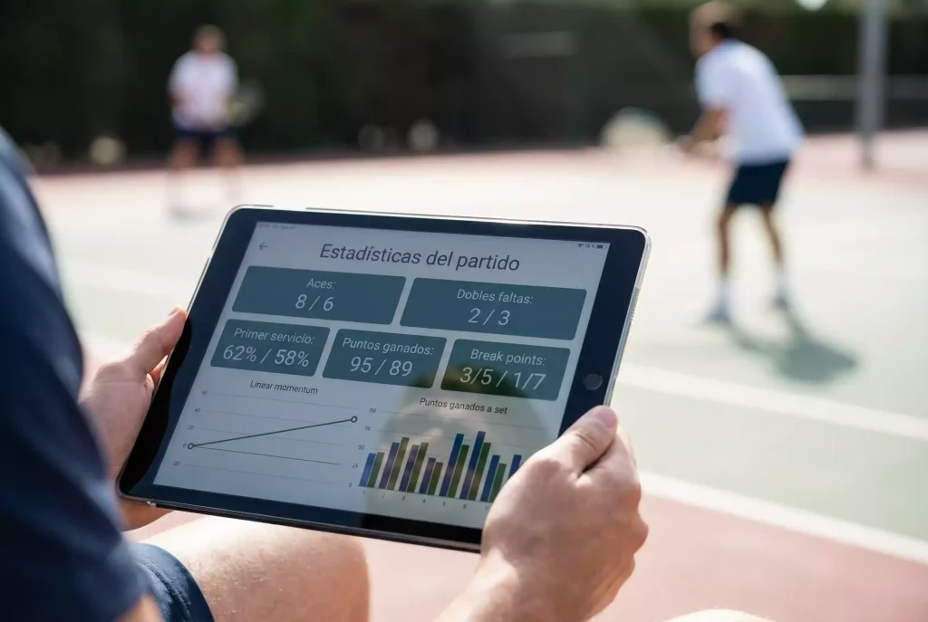 Persona analizando estadísticas de un partido de tenis en una tablet junto a la pista