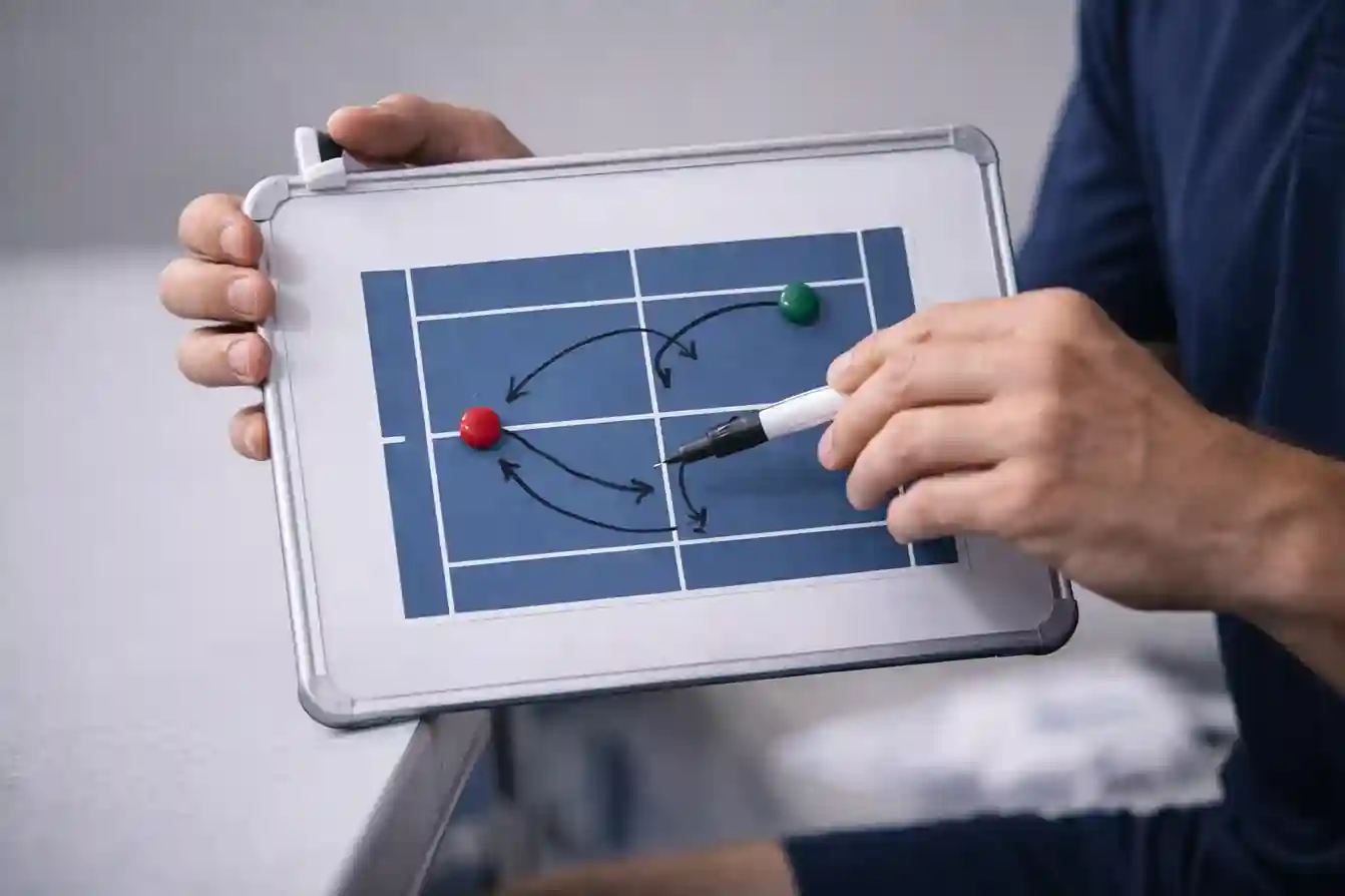 Entrenador de tenis explicando t&aacute;cticas con pizarra de estrategia