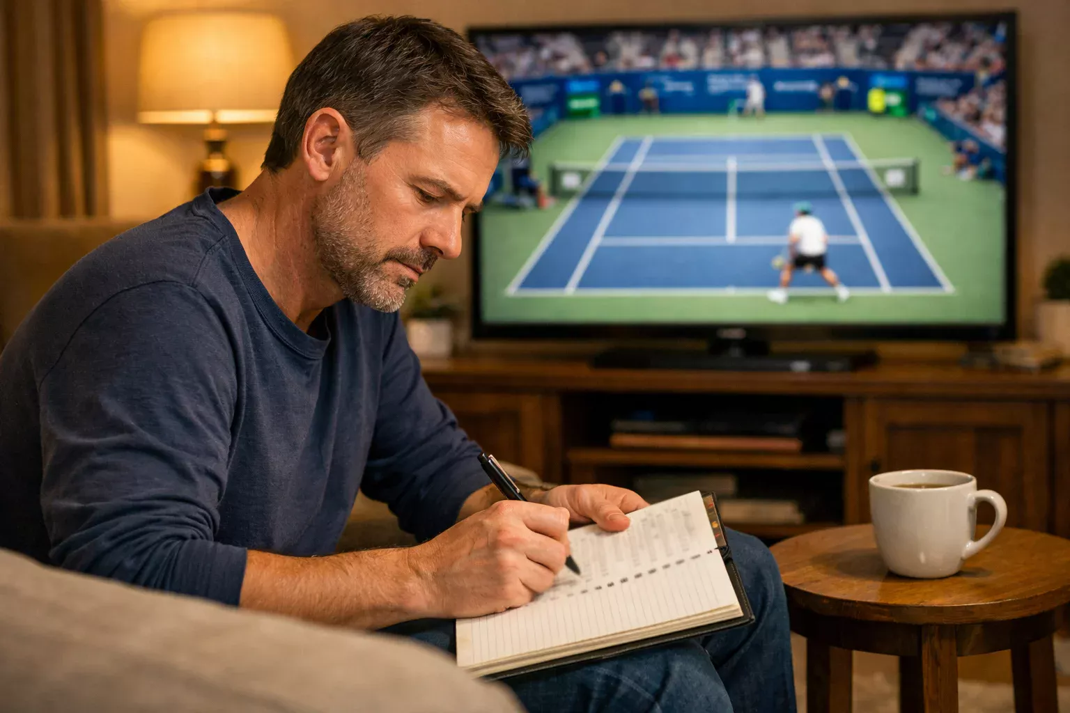 Aficionado tomando notas mientras observa un partido de tenis en televisión