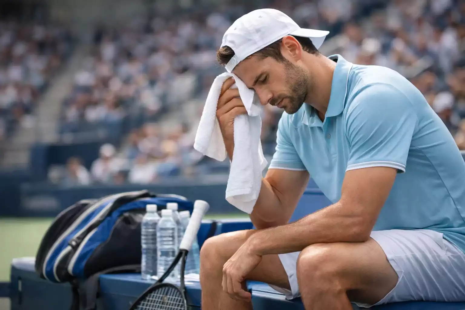 Tenista secándose el sudor durante cambio de lado en partido intenso