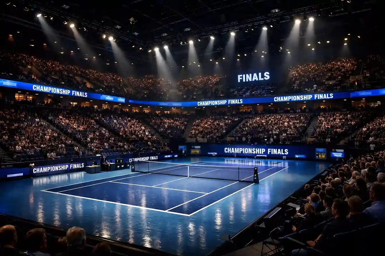 Pista indoor de ATP Finals con iluminación espectacular