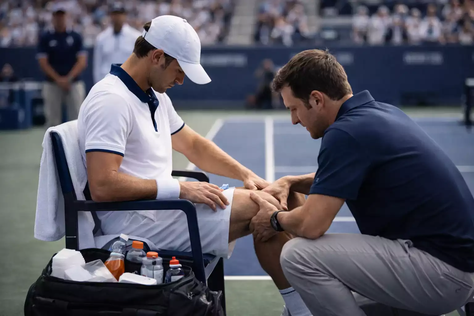 Fisioterapeuta atendiendo a tenista durante tiempo médico