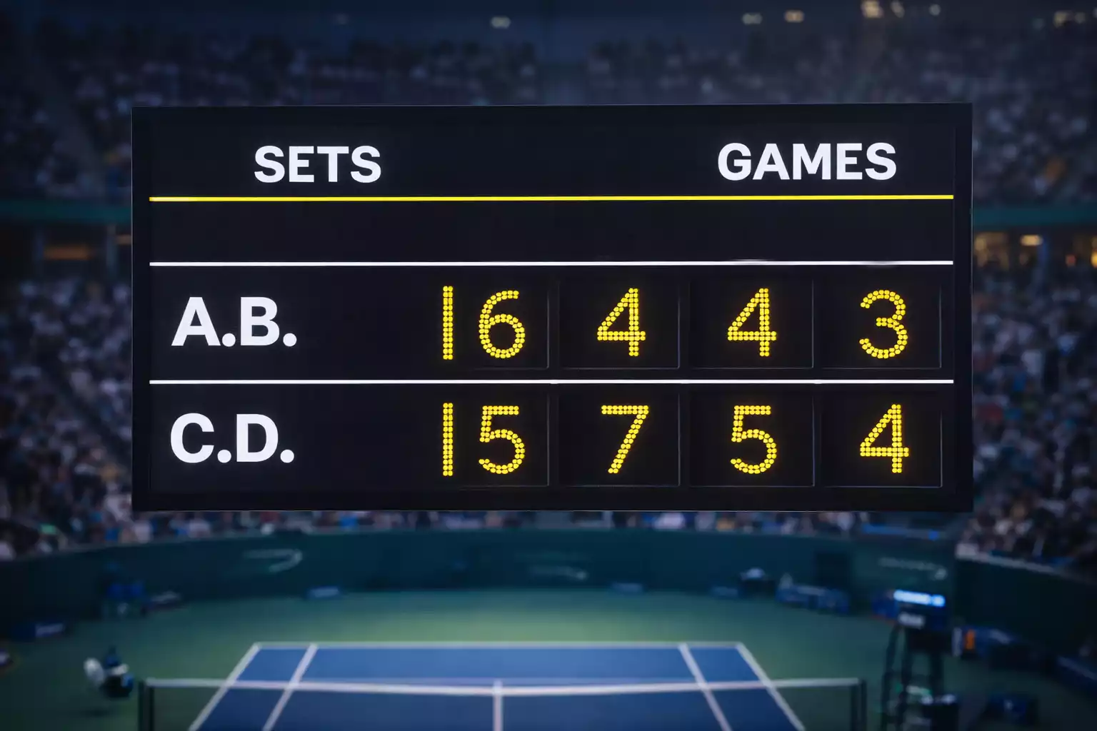 Marcador de tenis mostrando resultado de sets en pantalla LED