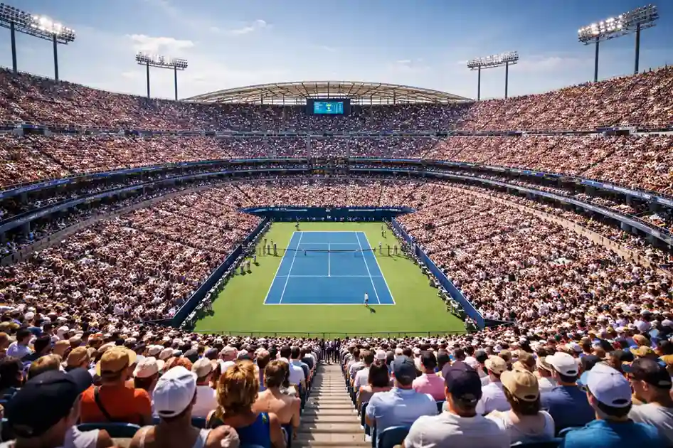 Pista de tenis profesional vista desde las gradas con público
