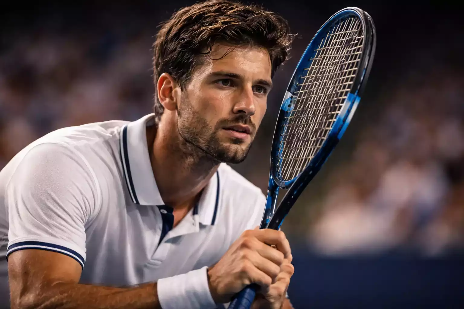 Tenista profesional concentrado antes de ejecutar un punto decisivo