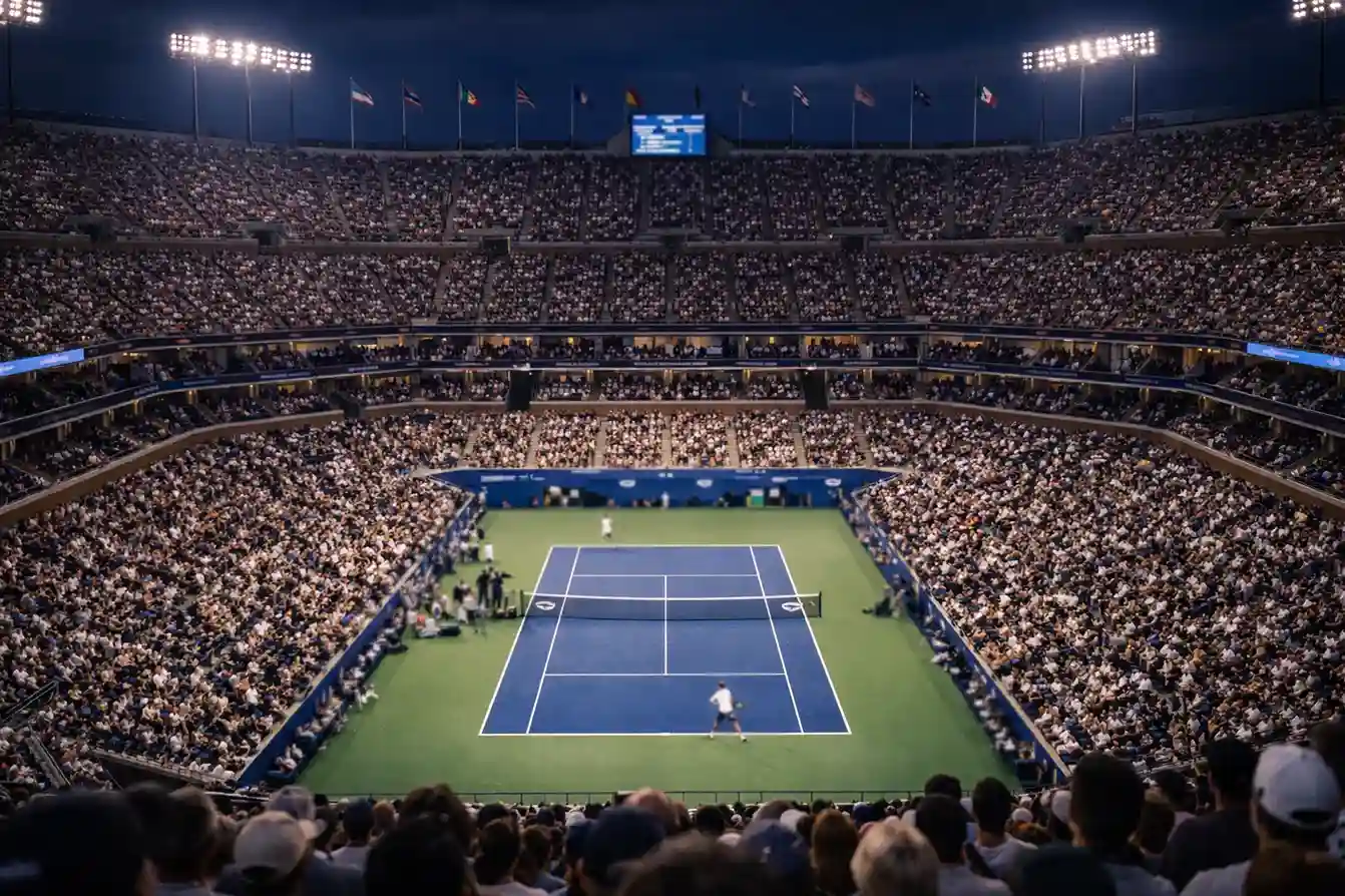 Estadio de tenis Grand Slam lleno de espectadores durante final