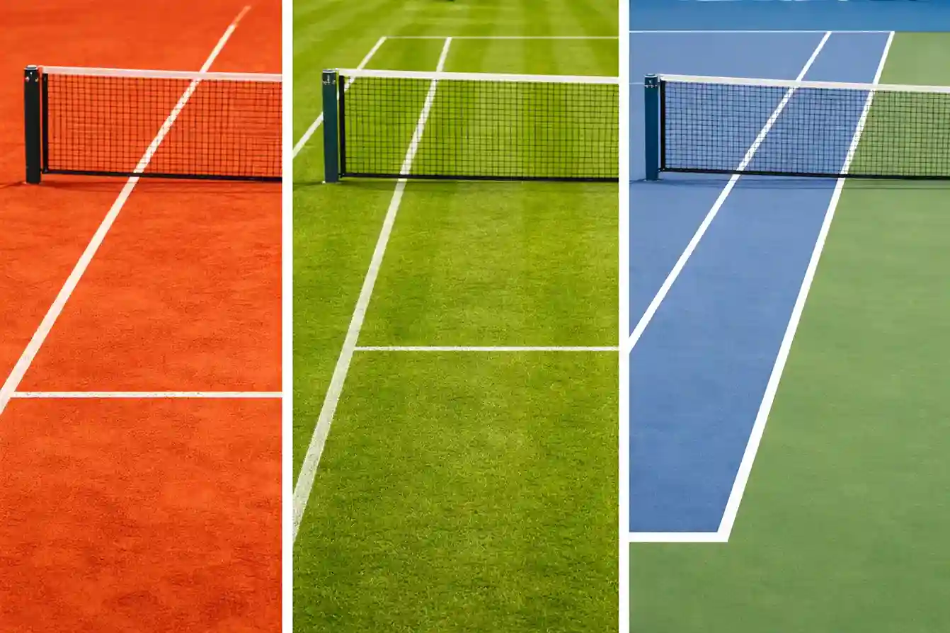 Pista de tenis dividida mostrando tres superficies diferentes
