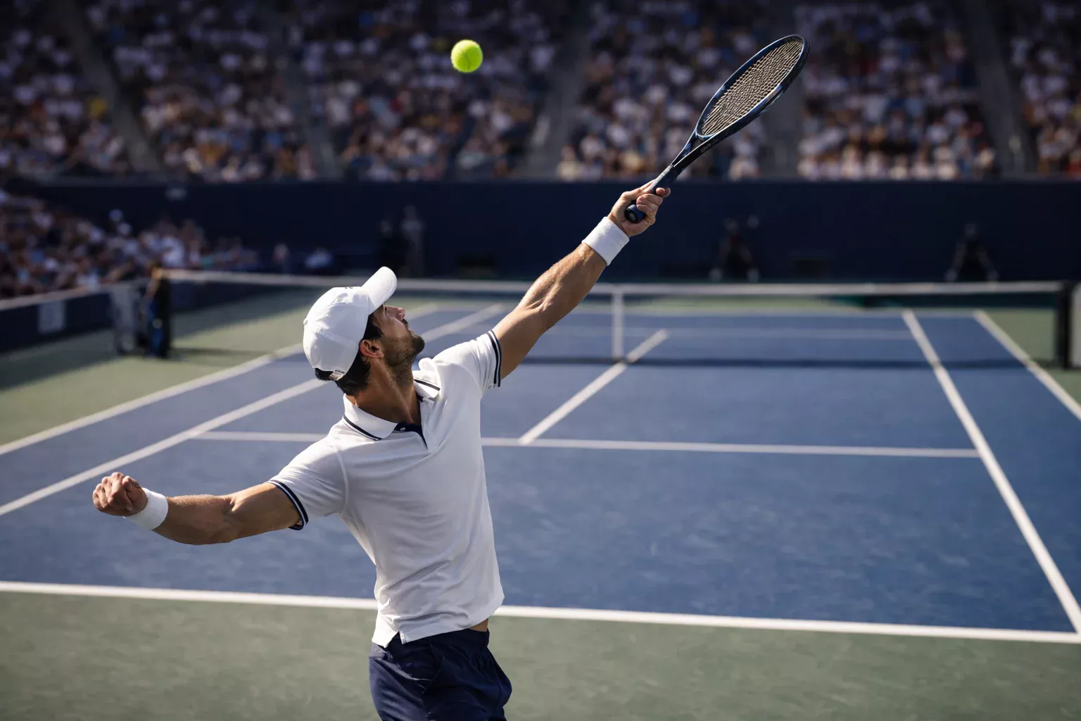 Tenista profesional ejecutando un saque potente en pista de tenis