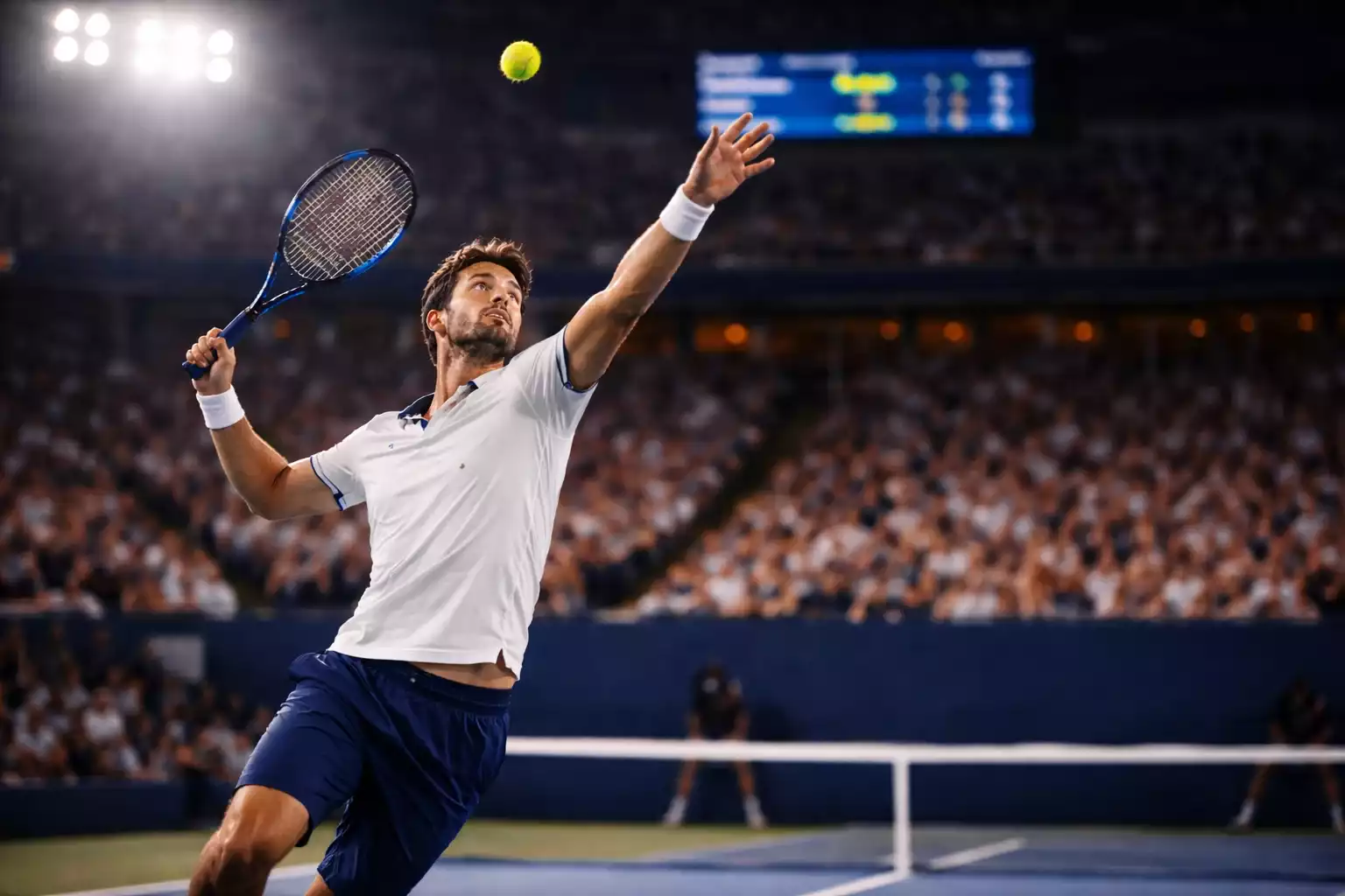 Partido de tenis en vivo con marcador electrónico iluminado