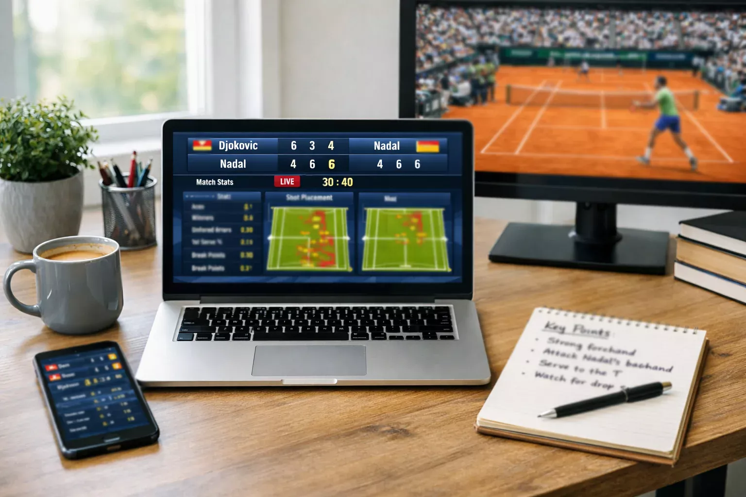 Escritorio con ordenador portátil mostrando estadísticas de tenis en tiempo real