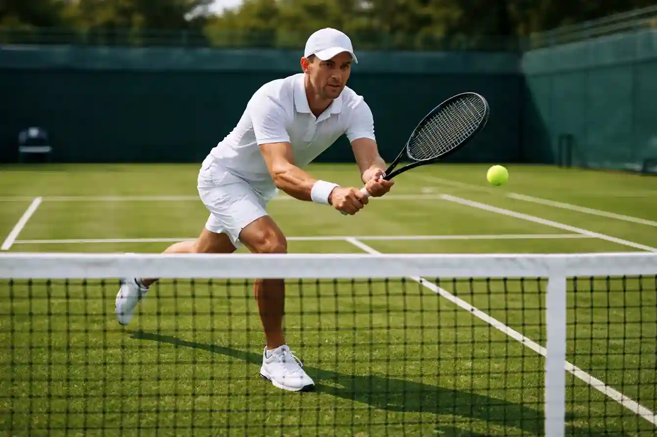 Tenista ejecutando volea en la red sobre c&eacute;sped de Wimbledon