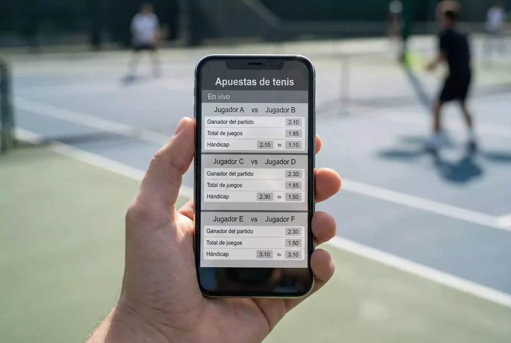 Smartphone mostrando una aplicación de apuestas de tenis en directo junto a una pista