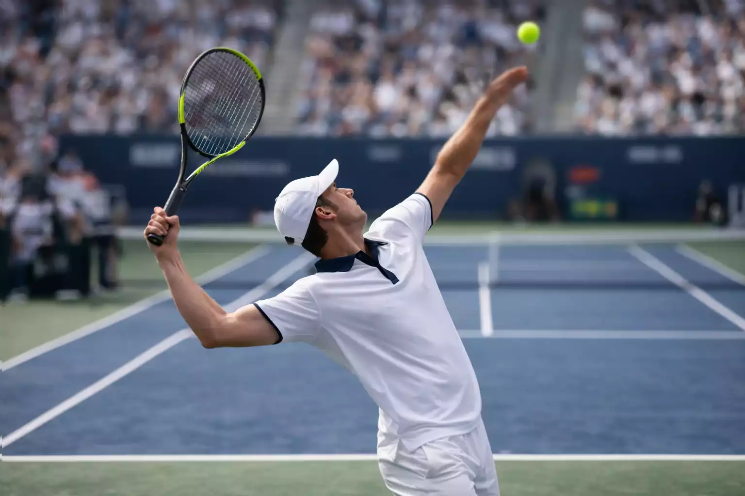 Tenista profesional ejecutando un saque potente en pista de tenis
