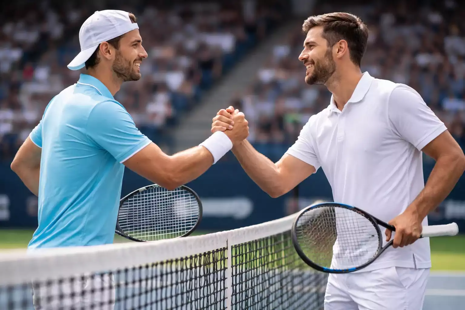 Dos tenistas salud&aacute;ndose en la red tras finalizar un partido