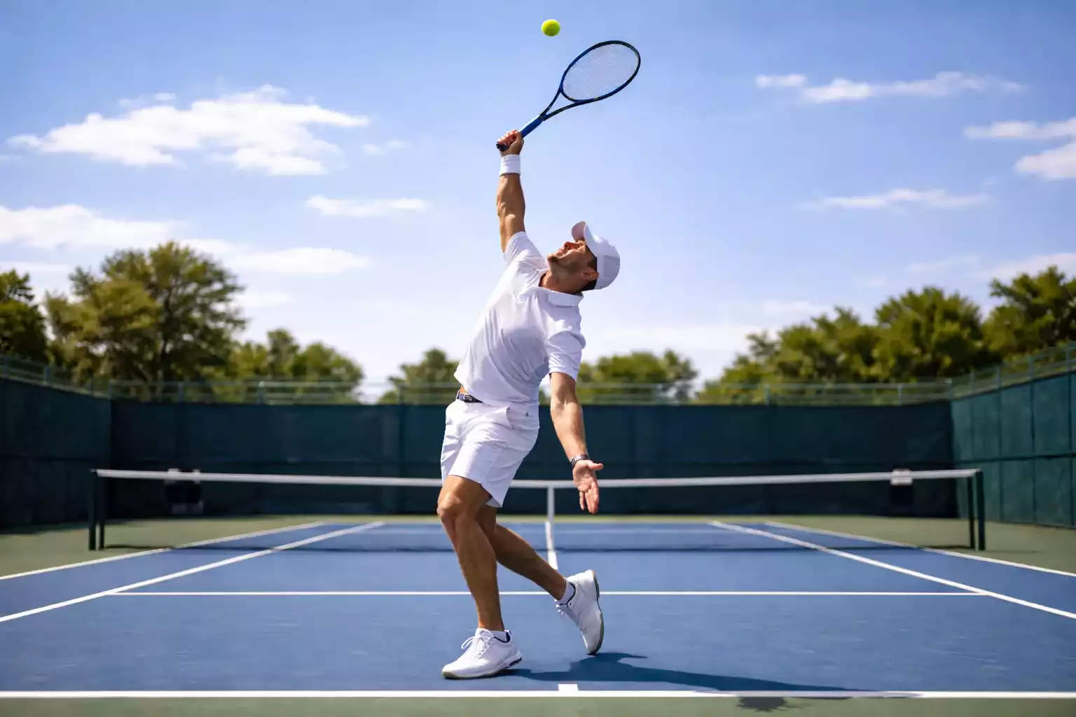 Tenista ejecutando saque potente con técnica perfecta