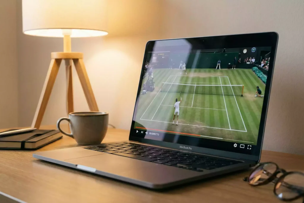 Pantalla de portátil mostrando un partido de tenis en streaming en directo