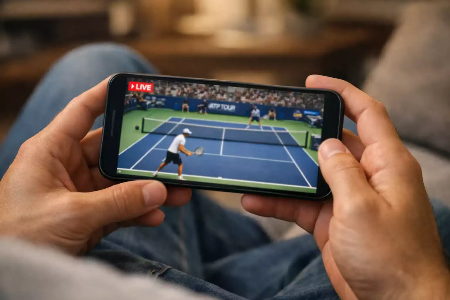 Aficionado viendo partido de tenis en directo desde su smartphone