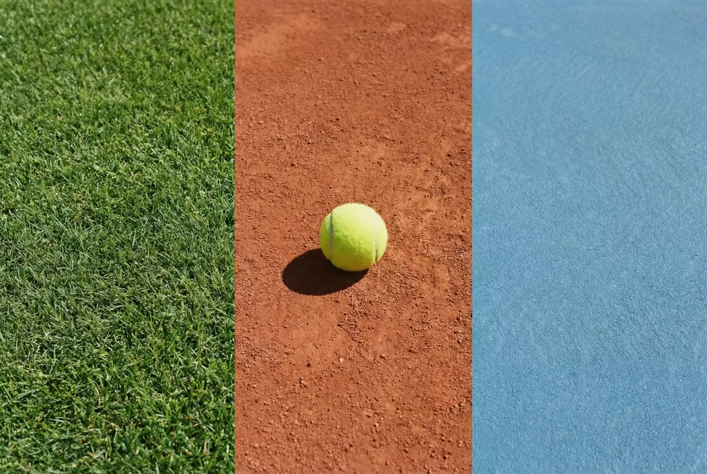Tres tipos de superficie de tenis divididas en la imagen: hierba, tierra batida y pista dura
