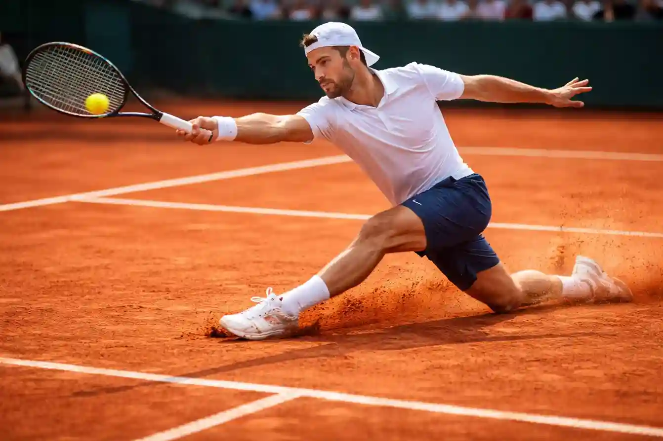 Tenista desliz&aacute;ndose sobre tierra batida para alcanzar una bola