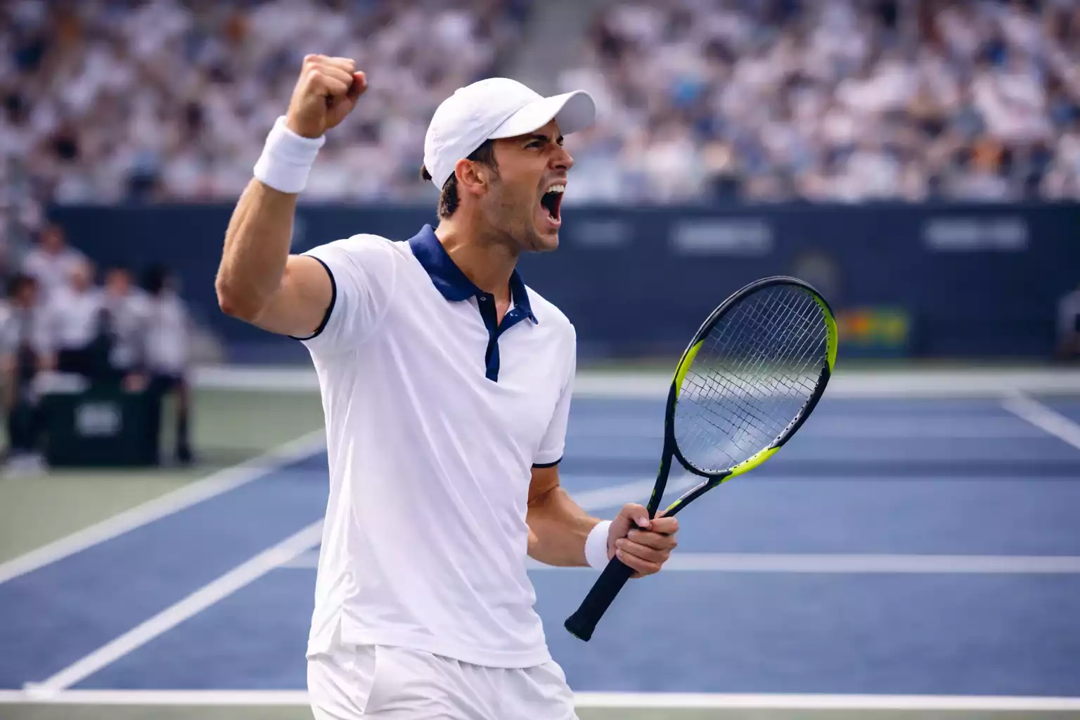 Tenista celebrando punto ganador con gesto de victoria