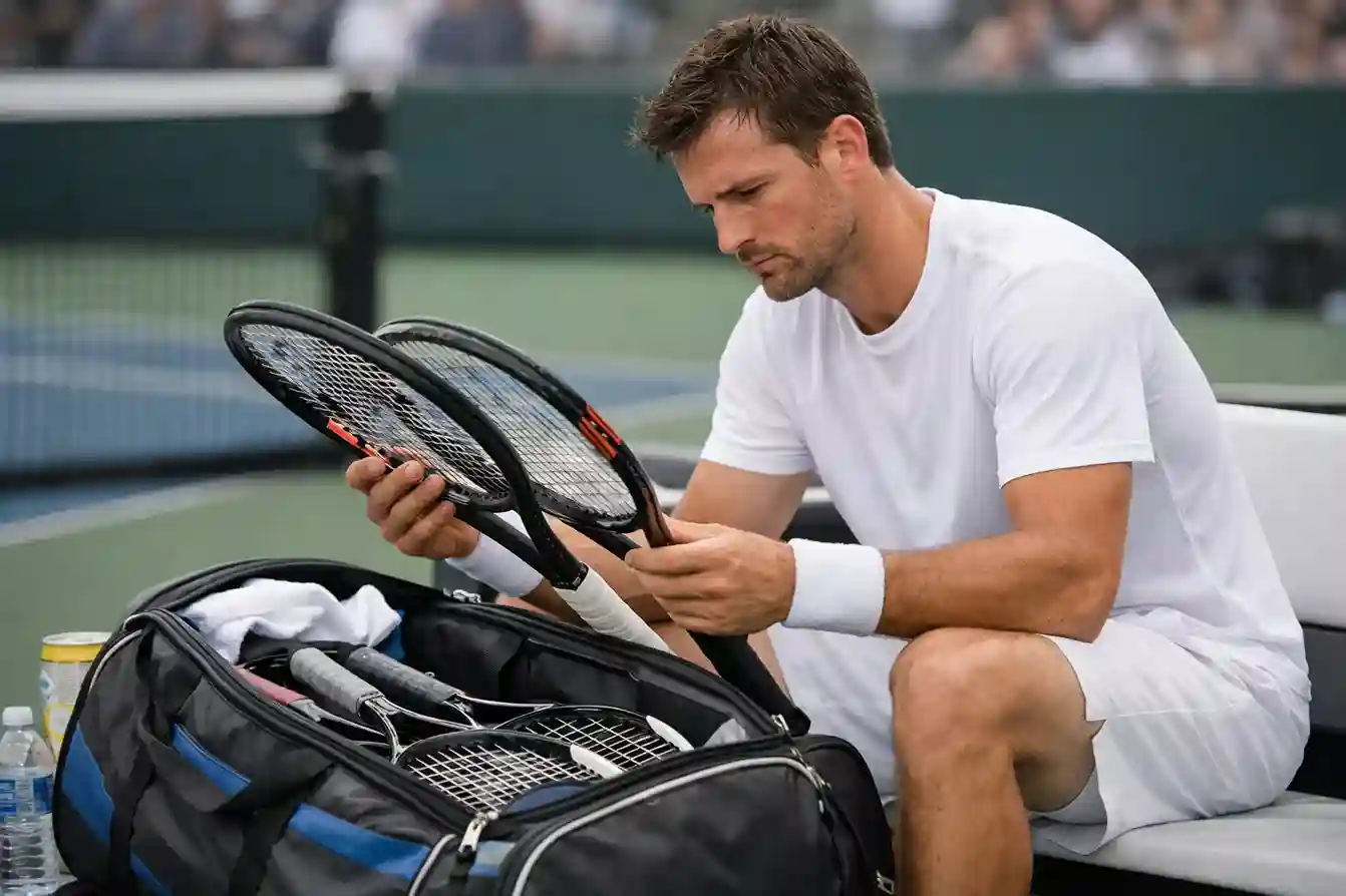 Tenista profesional cambiando de raqueta entre sets